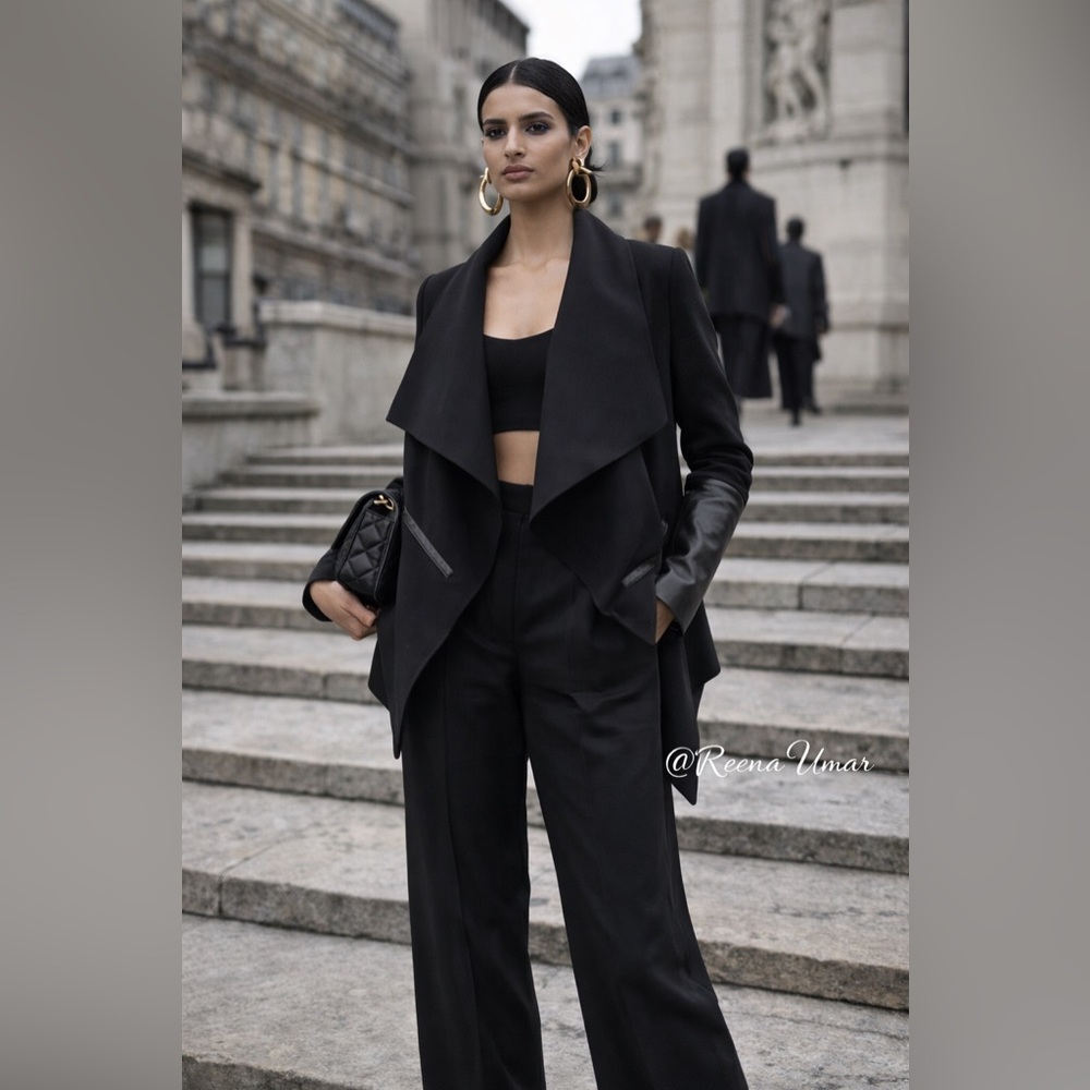 RUDSAK Black Draped Open-Front Jacket with Leather Trim – Modern Statement - Picture 1 of 16